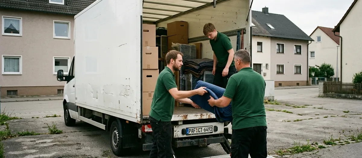 Drei Mitarbeiter in grünen Polohemden heben eine Rolle in den Möbelwagen vor Wohnhäusern