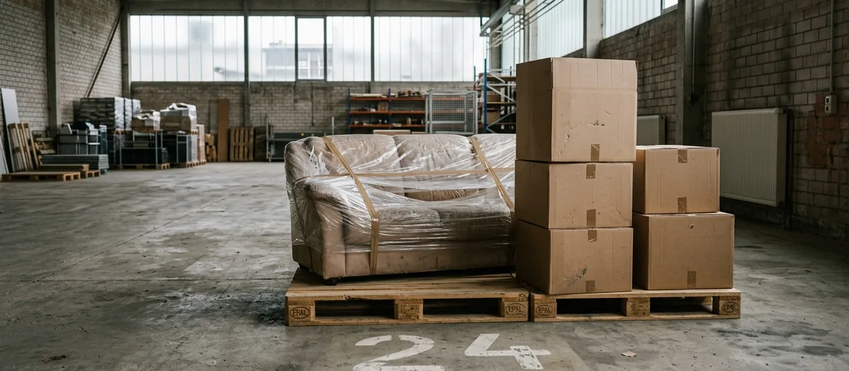 Eingeschweißtes Sofa und Kartons auf Paletten in einer Lagerhalle mit Bodenmarkierung