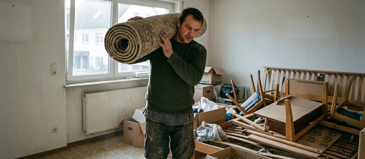 Mann trägt einen aufgerollten Teppich, im Hintergrund zerlegte Bettgestelle und Kartons