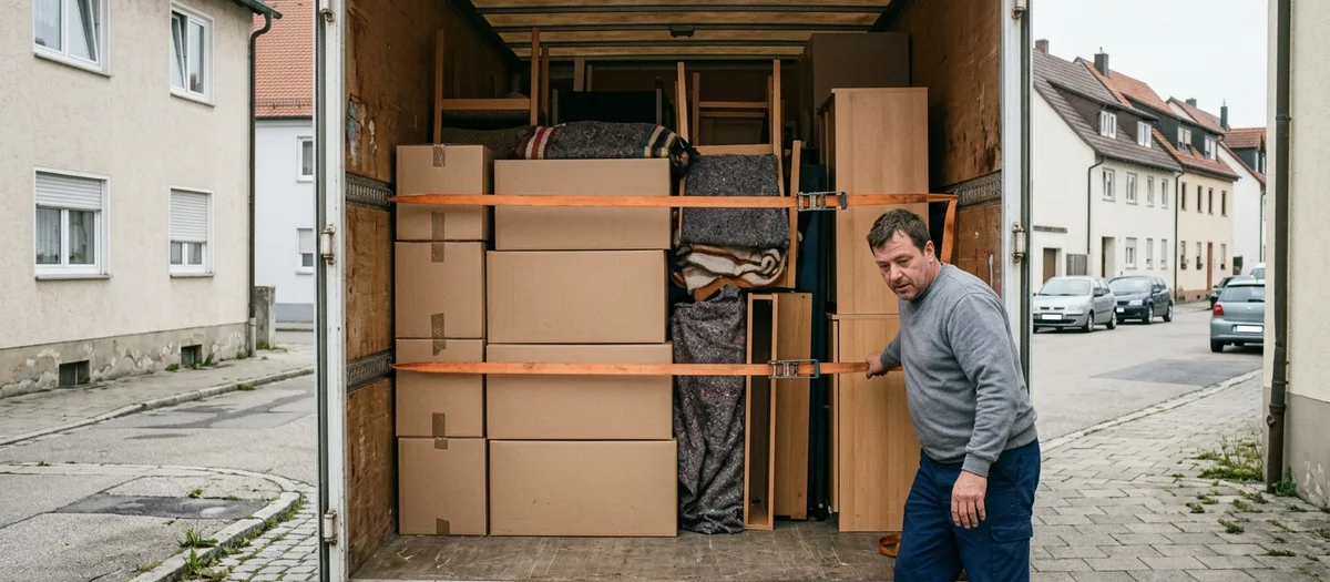 Voll beladener Möbelwagen mit Spanngurten, ein Mitarbeiter zieht eine Holzplatte heraus