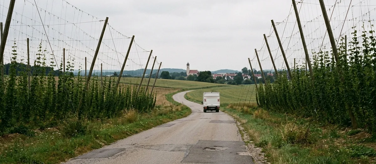 Möbelwagen auf einer Landstraße zwischen Hopfengärten, im Hintergrund ein Dorf mit Kirchturm