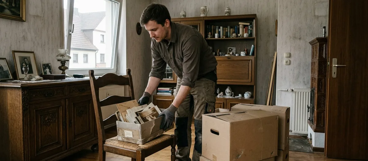 Helfer räumt alte Fotos und Unterlagen aus einem Wohnzimmer mit Schrankwand in Kartons