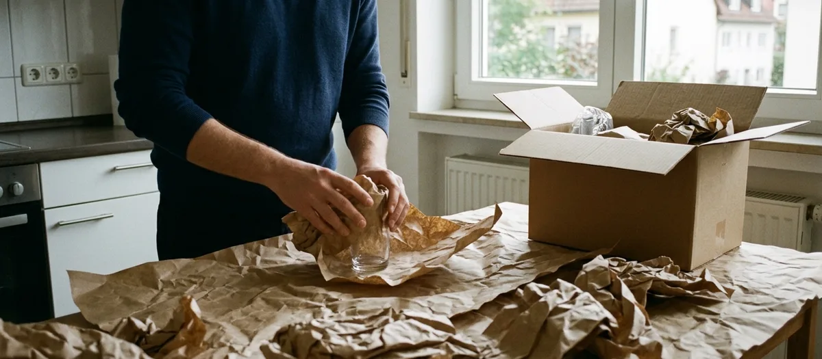 Mann wickelt ein Glas in Packpapier und verstaut es in einem Karton auf dem Küchentisch