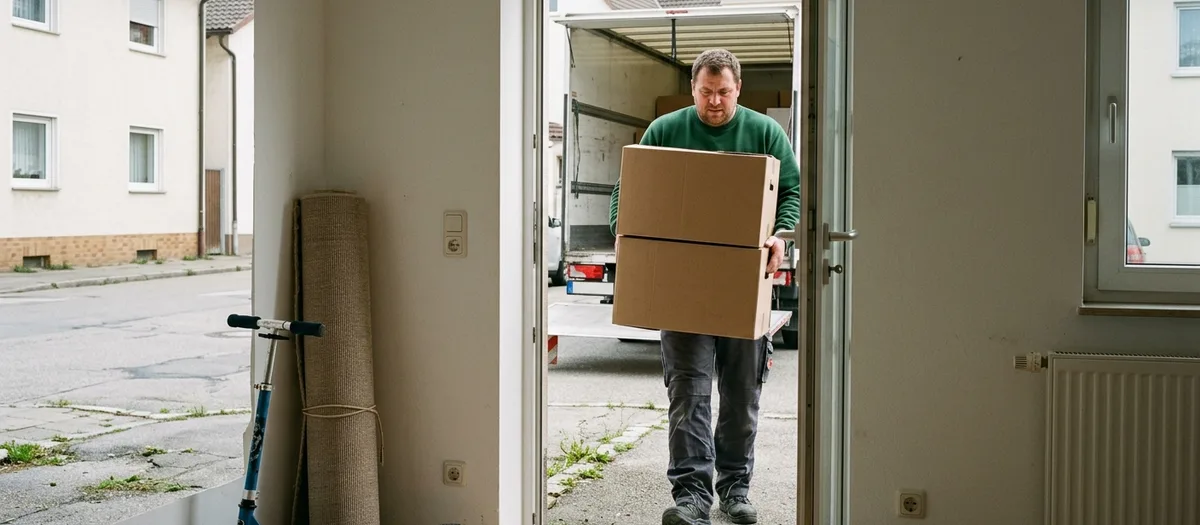Helfer trägt zwei Kartons durch die Haustür, im Hintergrund wartet der offene Umzugswagen