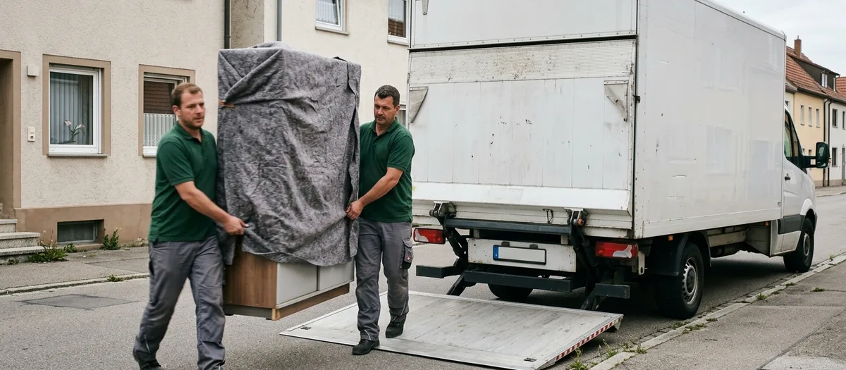Zwei Helfer in grünen Polos tragen einen eingepackten Schrank zur Ladebordwand des Lkw