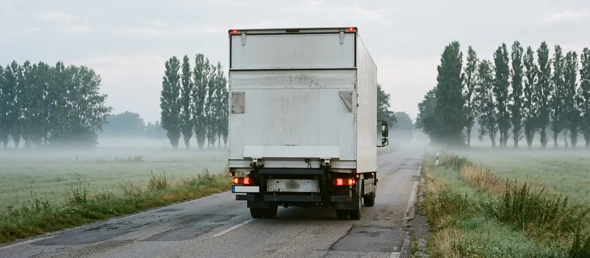 Kofferwagen von hinten auf einer nebligen Landstraße zwischen Pappelreihen im Morgengrauen
