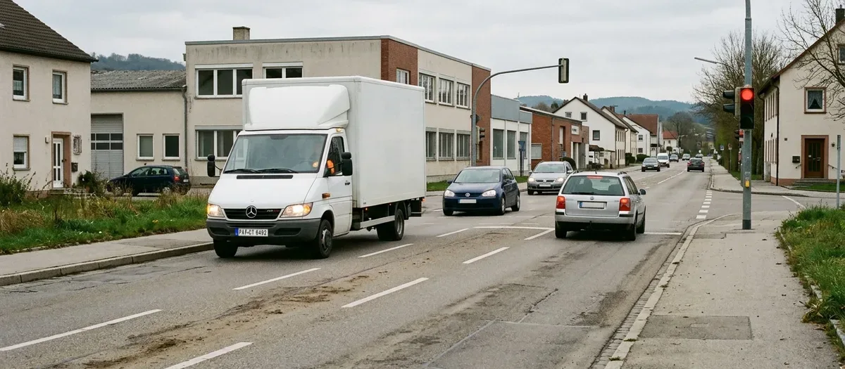 Kofferwagen auf der Ausfallstraße durch den Ort, rechts eine rote Ampel und wartende Autos