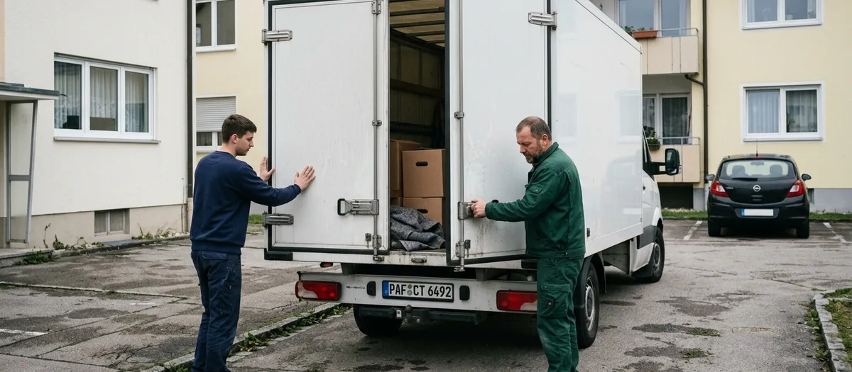 Zwei Helfer öffnen die Hecktüren des Umzugswagens auf dem Hof einer Wohnanlage