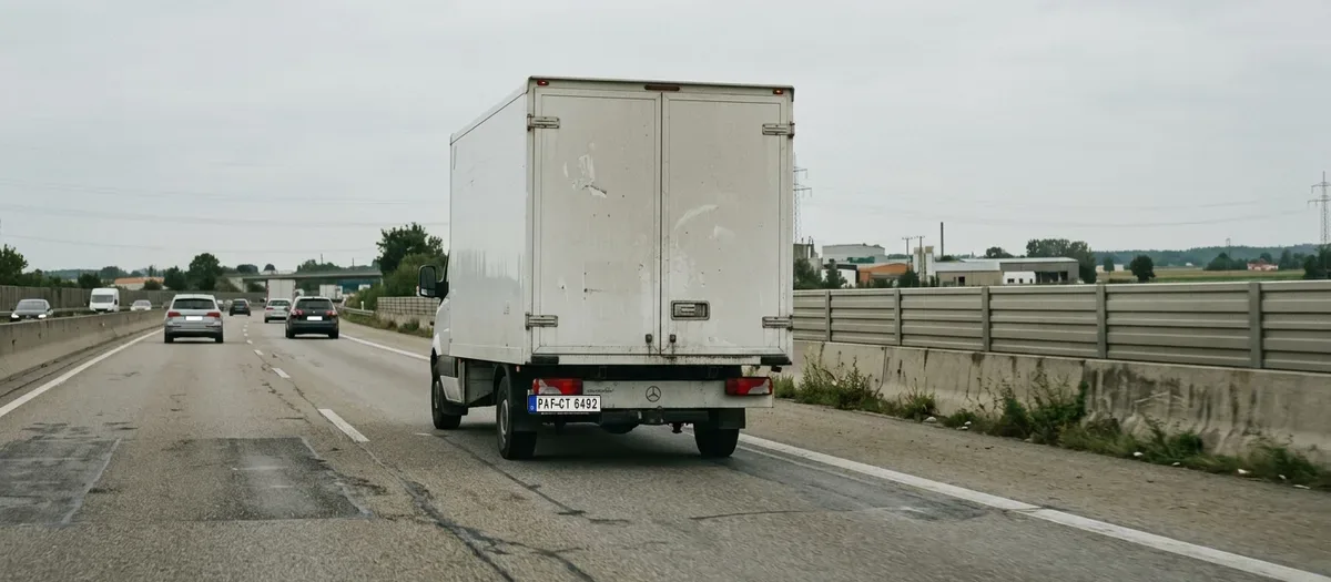 Weißer Kofferwagen auf der rechten Autobahnspur bei bedecktem Himmel, rechts eine Lärmschutzwand