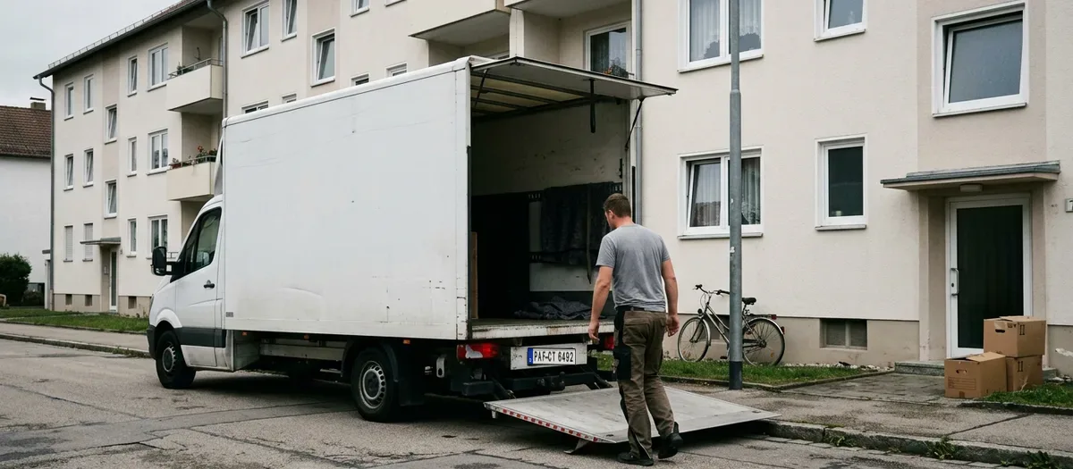 Kofferwagen mit heruntergelassener Ladebordwand vor einem Wohnblock, ein Helfer geht zurück zum Laderaum