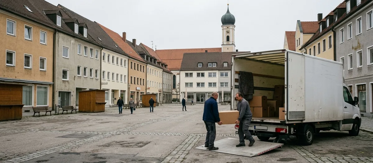 Zwei Männer tragen einen Umzugskarton über die Ladeklappe, dahinter der Marktplatz mit Kirchturm