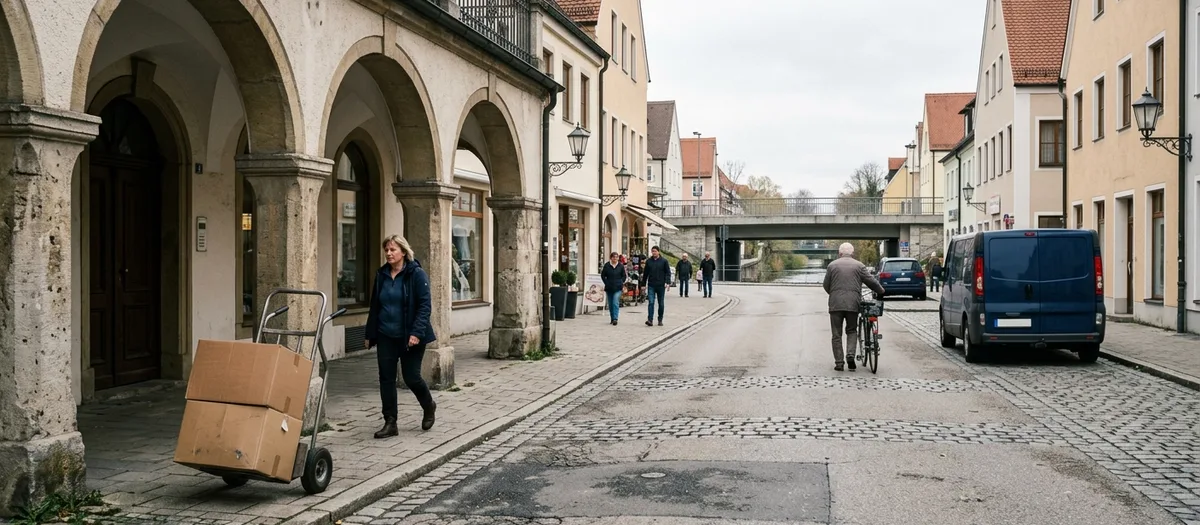 Frau zieht eine Sackkarre mit Umzugskartons durch eine Arkadengasse am Fluss