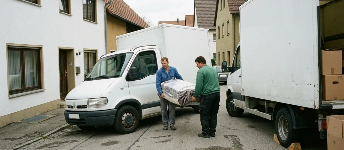 Zwei Helfer tragen eine eingepackte Matratze zwischen zwei Transportern in einer engen Dorfstraße