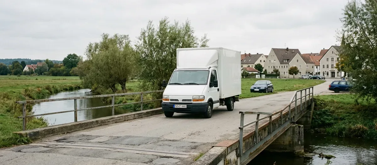 Kofferwagen überquert eine schmale Brücke über die Ilm, dahinter die Häuserzeile des Orts