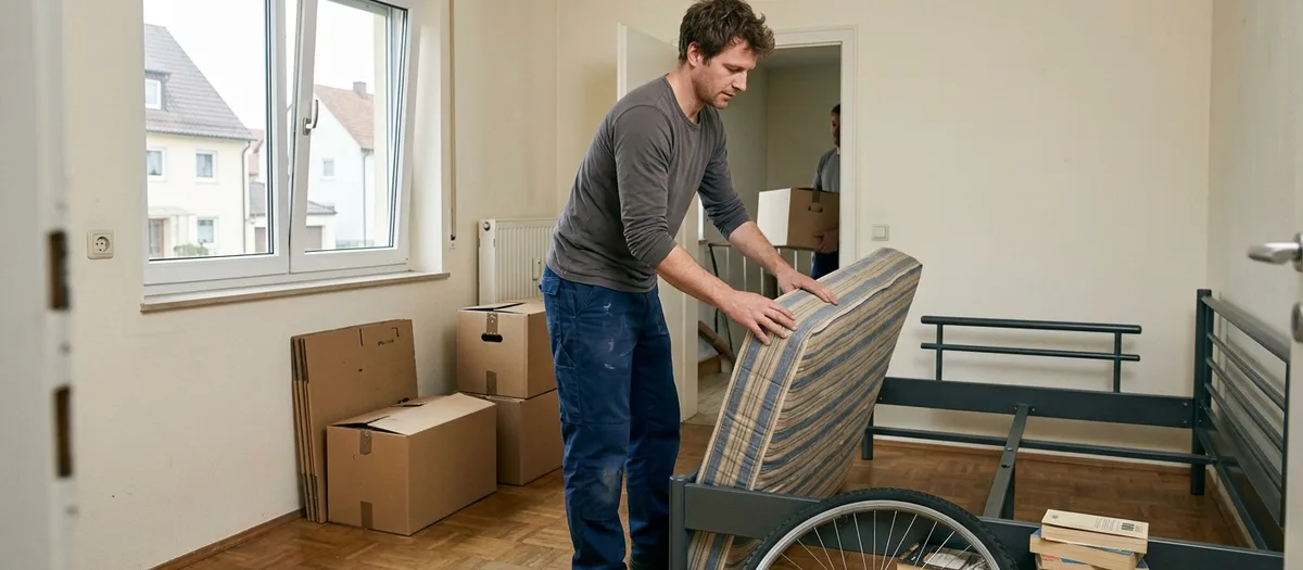 Junger Mann trägt eine Matratze aus einem Zimmer mit Bettgestell, Kartons und Fahrrad
