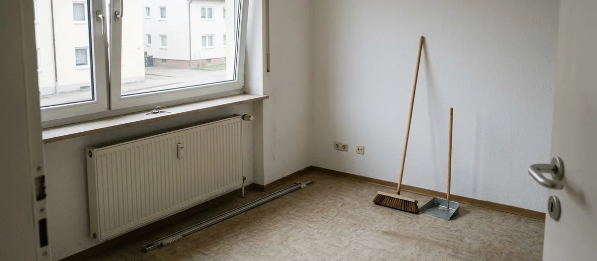 Leer geräumtes Zimmer mit Besen und Kehrblech an der Wand, Schlüssel auf der Fensterbank